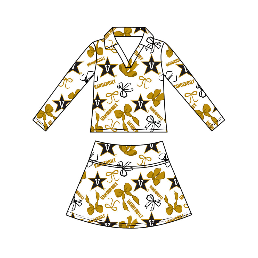 Preorder (moq 5)Baby Girls Bows Vanderbilt Top Skirt Short Team Clothes Set
