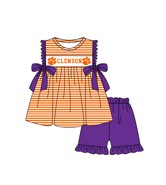 Preorder (moq 5)Baby Girls Sleeveless Clemson Stripe Tunic Ruffle Short Team Clothes Sets
