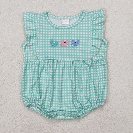 Embroidery Baby Infant Girls Green Checkered Crabs Rompers