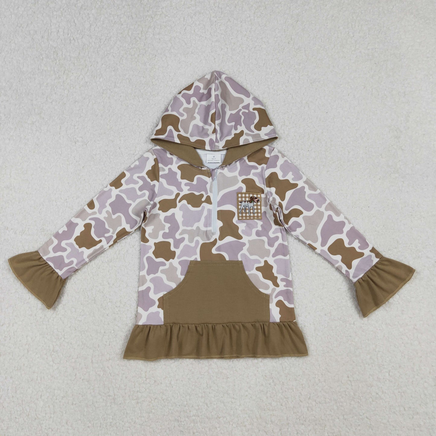 Embroidery Dog Ducks Baby Girls Brown Camo Pocket Zip Hunting Hoodies Top