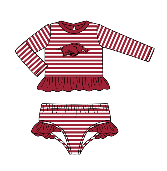 Preorder (moq 5)Baby Girls Red Stripe Red Bulls Ruffle Top Bummies Team 2 Piece Swimsuits