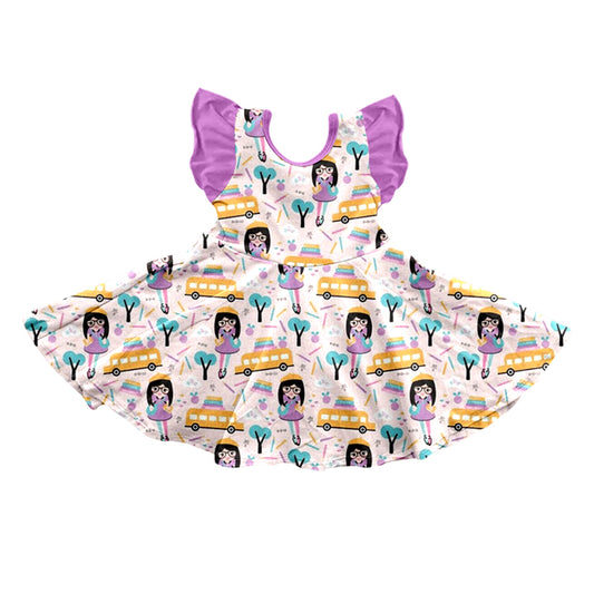 Baby Girls Back To School Buses Lavender Knee Length Dresses preorder(moq 5)