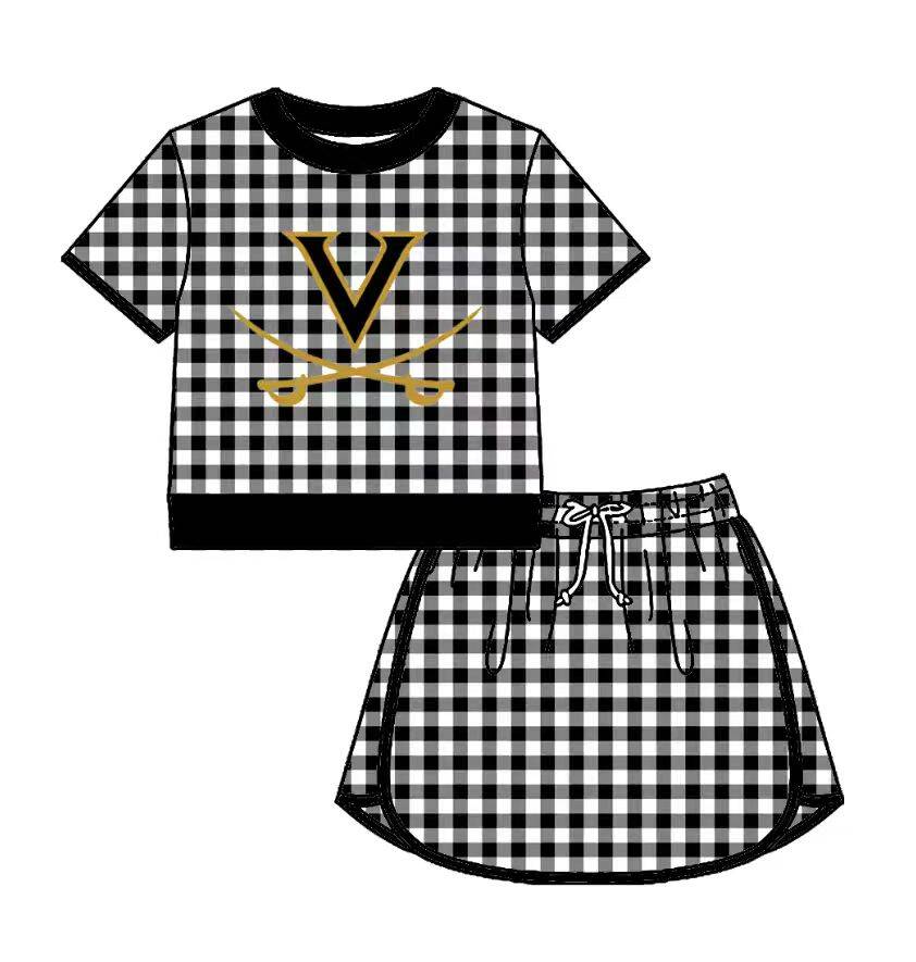 Preorder (moq 5)Baby Girls Black Checked Vidor Pirates Top Skirt Short Team Clothes Set