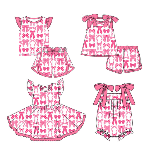 Preorder moq 5 Custom Baby Girls Pink Bows Top Short Sets Knee Length Dress Ruffle Rompers