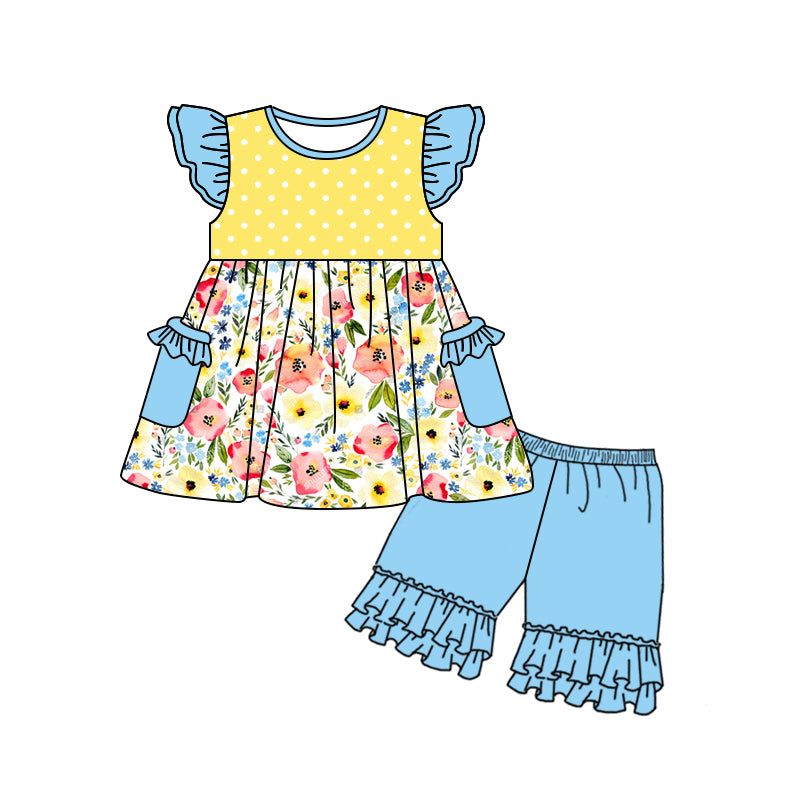 Baby Girls Flutter Sleeve Yellow Flowers Pockets Tunic Ruffle Shorts Sets preorder (moq 5)