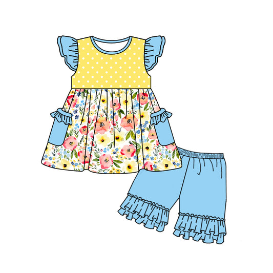 Baby Girls Flutter Sleeve Yellow Flowers Pockets Tunic Ruffle Shorts Sets preorder (moq 5)