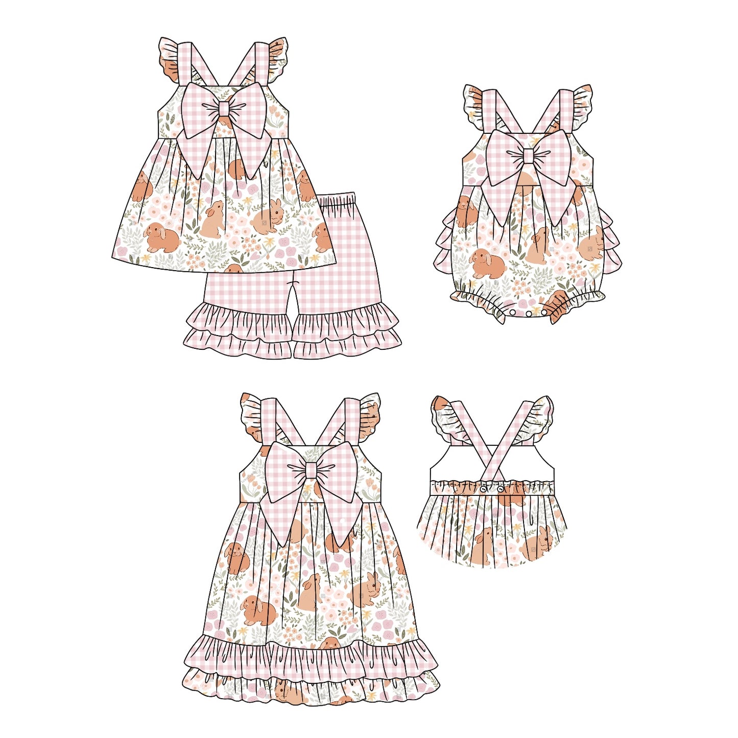 Preorder(moq 5 each) Baby Girls Easter Rabbits Bunny Bows Checkered Romper Dress Sets