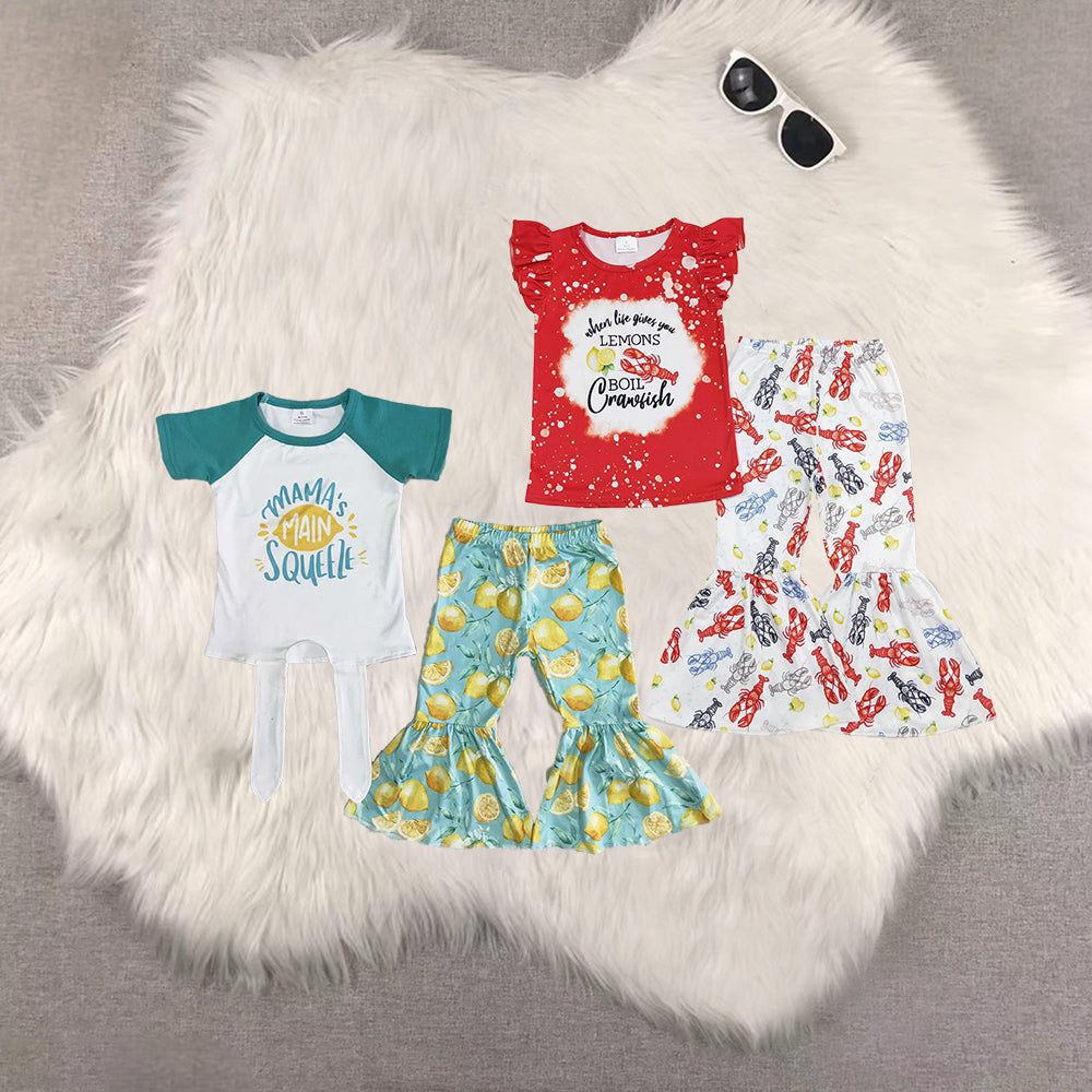 Sibling Baby Girls Short Sleeves Crayfishes Lemons Top Bell Bottom Pant Clothes Sets