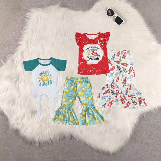 Sibling Baby Girls Short Sleeves Crayfishes Lemons Top Bell Bottom Pant Clothes Sets