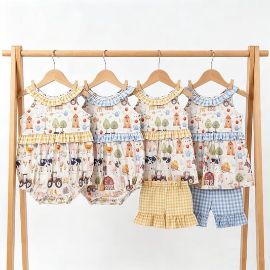Sibling Baby Girls Sleeveless Pigs Cows Tunic Ruffle Short Farm Clothes Set Rompers