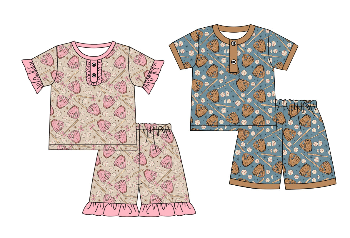 Preorder moq 5 Custom Baby Kids Short Sleeves Baseballs Button Top Short Pajamas Set