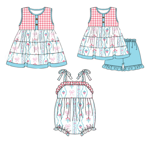 Preorder(moq 5 each)Sibling Baby Girls Bows Pink Checkered Spring Romper Dress Shorts Sets