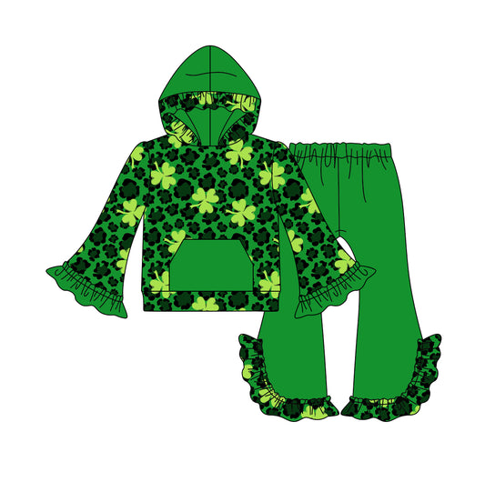 Baby Girls St Patrick Quatrefoil Hooded Shirt Top Ruffle Pants Sets preorder(MOQ 5)