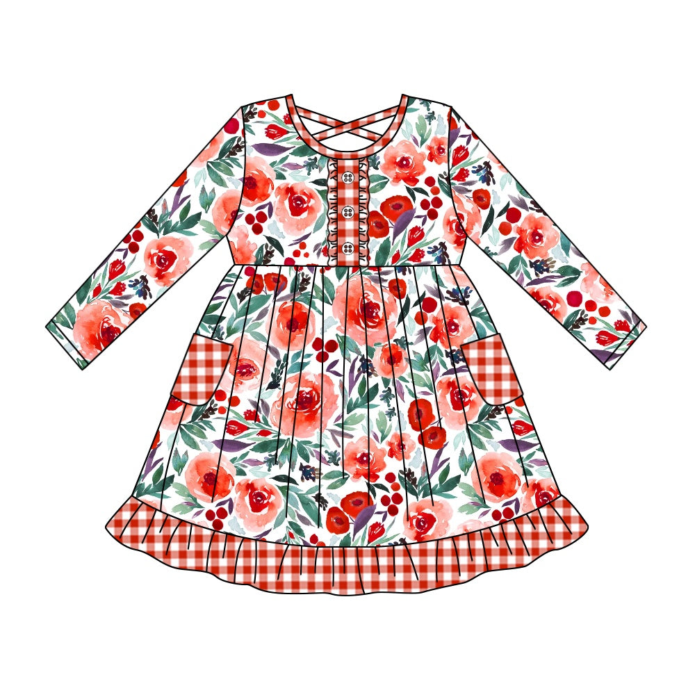 Baby Girls Red Checkered Flowers Pockets Knee Length Dresses Preorder(moq 5)