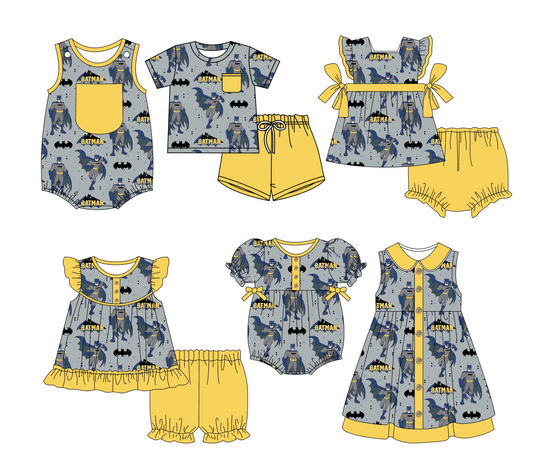 Preorder moq 5 Custom Baby Kids Yellow Pocket Button Cartoon Batmen Top Short Bummies Sets Dresses And Rompers