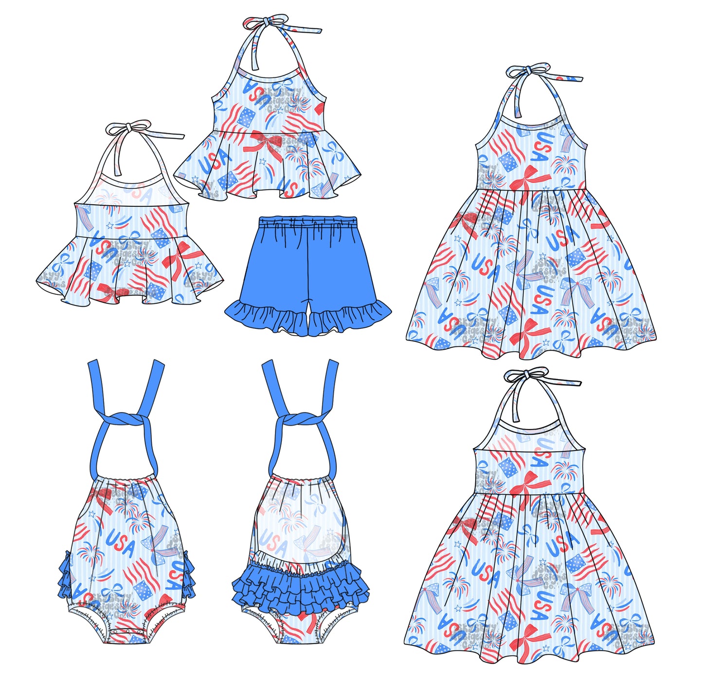 Preorder moq 5 Custom Baby Girls Strap Blue Red Flags Tunic Ruffle Short 4th Of July Set Knee Length Dress And Rompers