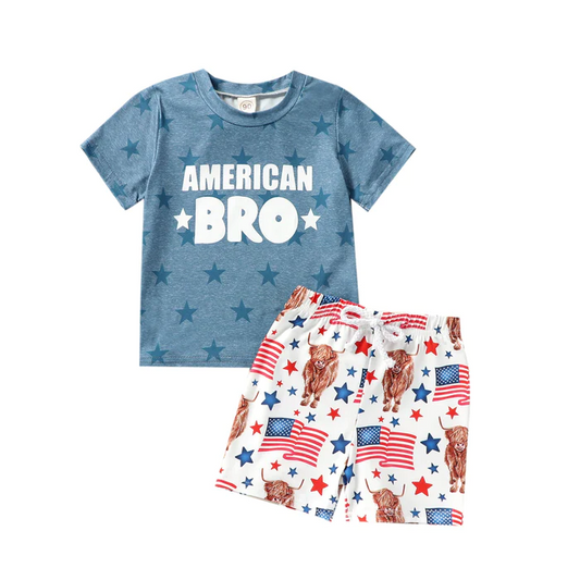 Baby Boys American Bro Top Cow Stars 4th Of July Shorts Clothes Sets preorder (moq 5)