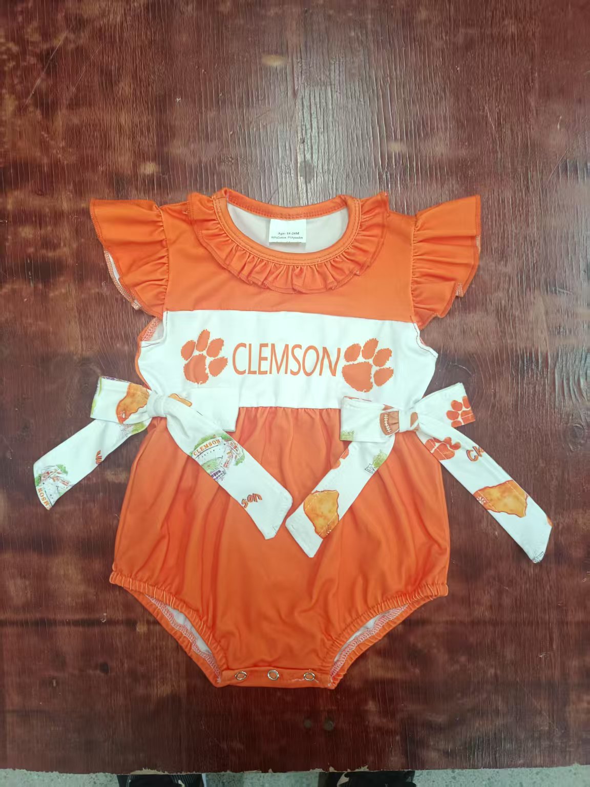 Preorder moq 5 Baby Girls Orange Flutter Sleeves Clemson Bows Ruffle Rompers