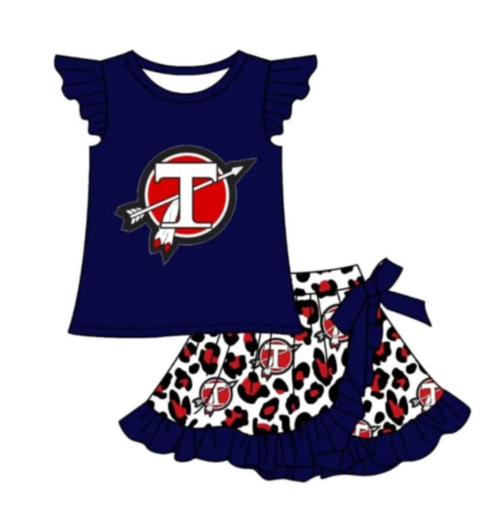 Preorder (moq 5)Baby Girls T Team Top Ruffle Leopard Skort Shorts Clothes Sets