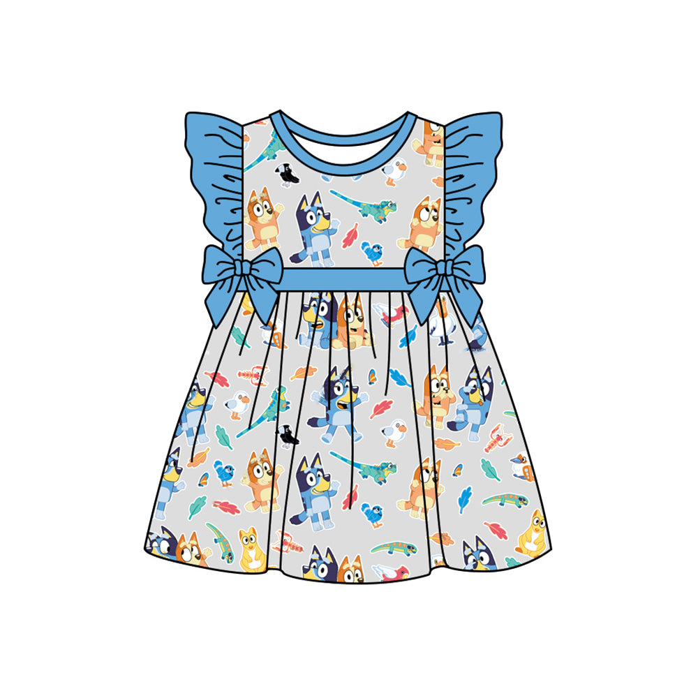 Preorder (moq 5)Baby Girls Blue Dogs Dinosaurs Knee Length Dresses