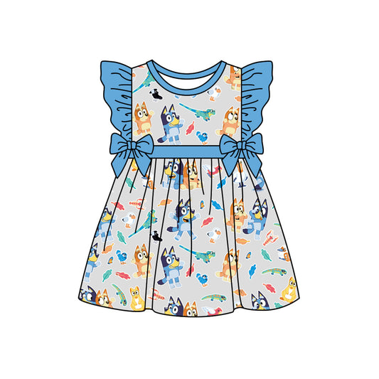 Preorder (moq 5)Baby Girls Blue Dogs Dinosaurs Knee Length Dresses