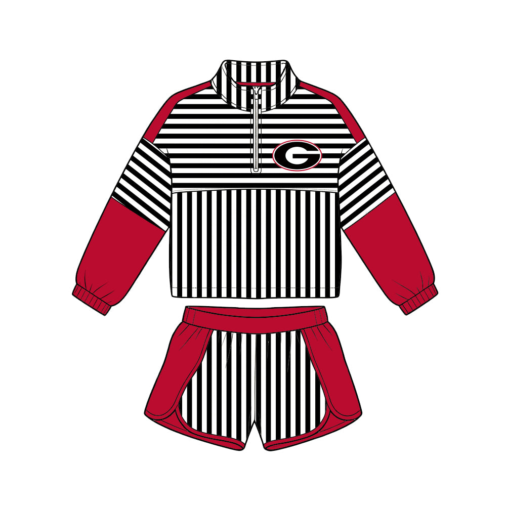 Preorder (moq 5)Baby Girls Black Stripe Georgia Zip Pullovers Short Team Clothes Set