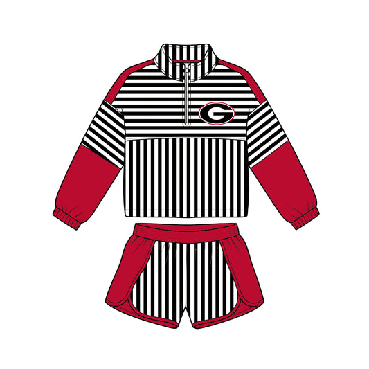 Preorder (moq 5)Baby Girls Black Stripe Georgia Zip Pullovers Short Team Clothes Set