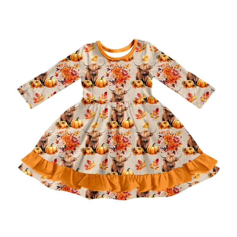 Baby Girls Fall Highland Cow Pumpkins Western Knee Length Dresses preorder(MOQ 5)