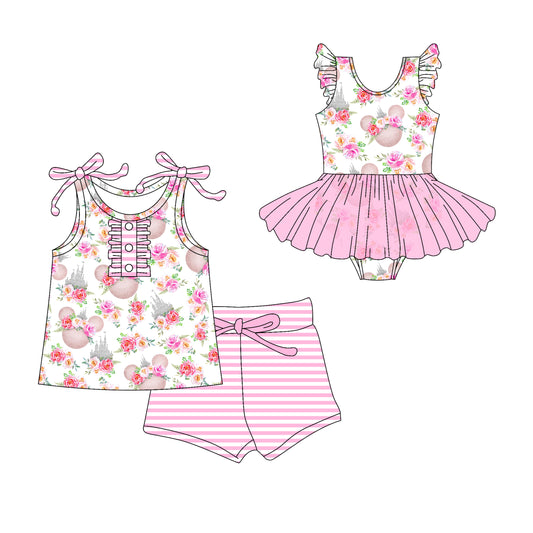 Preorder moq 5 Custom Baby Girls Pink Strap Cartoon Mouse Floral Button Top Stripe Short Set Skort Bummise Romper