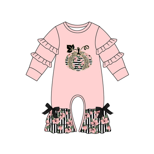 Baby Girls Thanksgiving Pink Pumpkin Long Sleeve Ruffle Rompers preorder(moq 5)