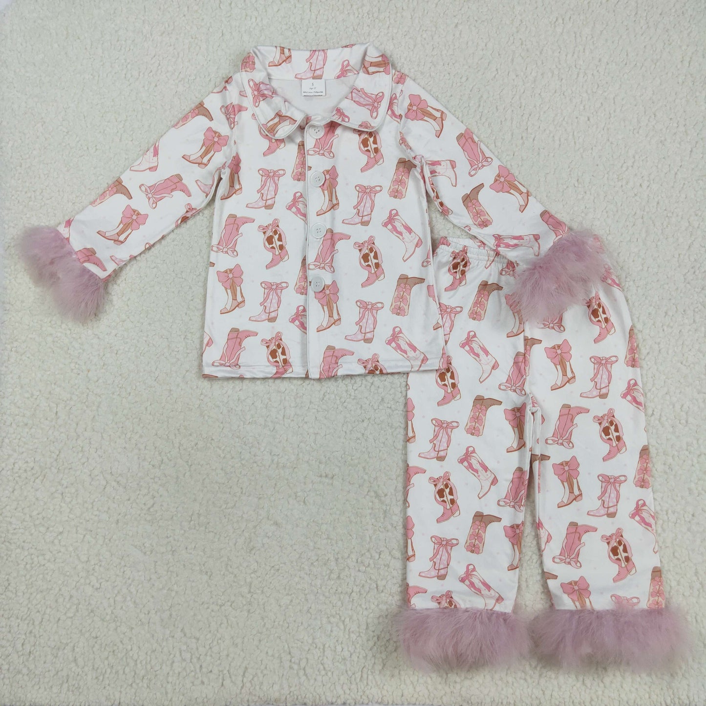 Baby Girls Pink Fur Sleeves Bows Boots Plaid Button Top Pant Pajamas Set