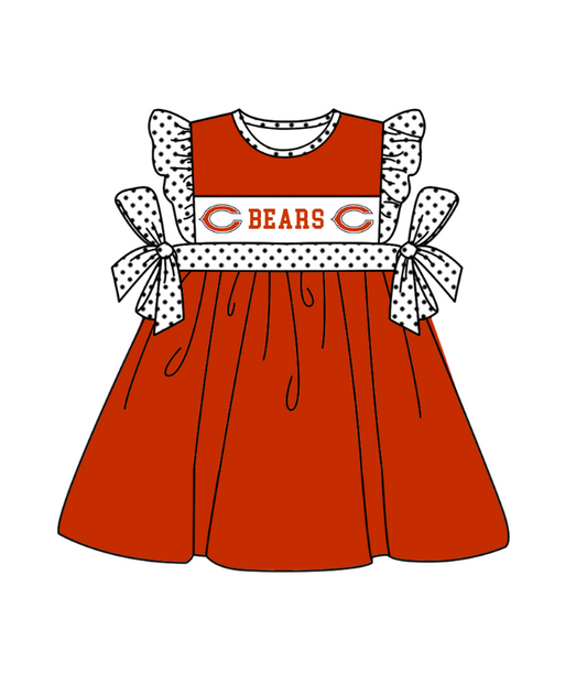 Preorder (moq 5)Baby Girls Polka Dots Flutter Sleeve Bears Team Knee Length Dresses