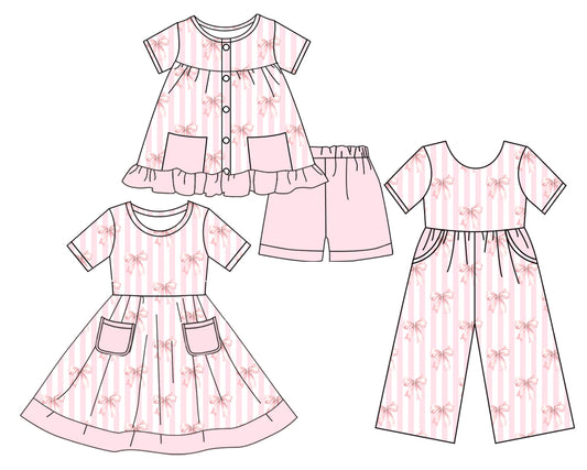 Preorder moq 5 Custom Baby Girls Short Sleeves Button Pink Bows Stripe Pockets Tunic Short Set Knee Length Dress Jumpsuits