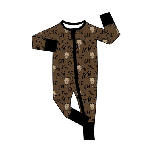 Preorder (moq 20)Baby Boys Bamboo Brown Bull Skull Letter Western Zippy Footie Rompers