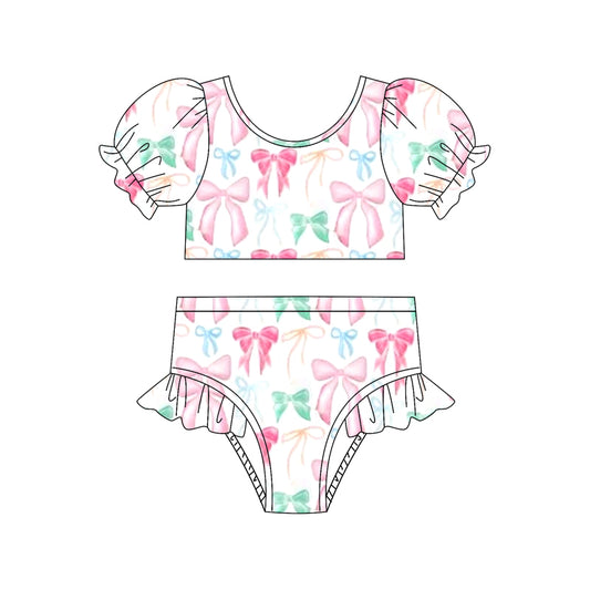 Preorder (moq 5)Baby Girls Colorful Bows 2pcs Bummie Swimsuits