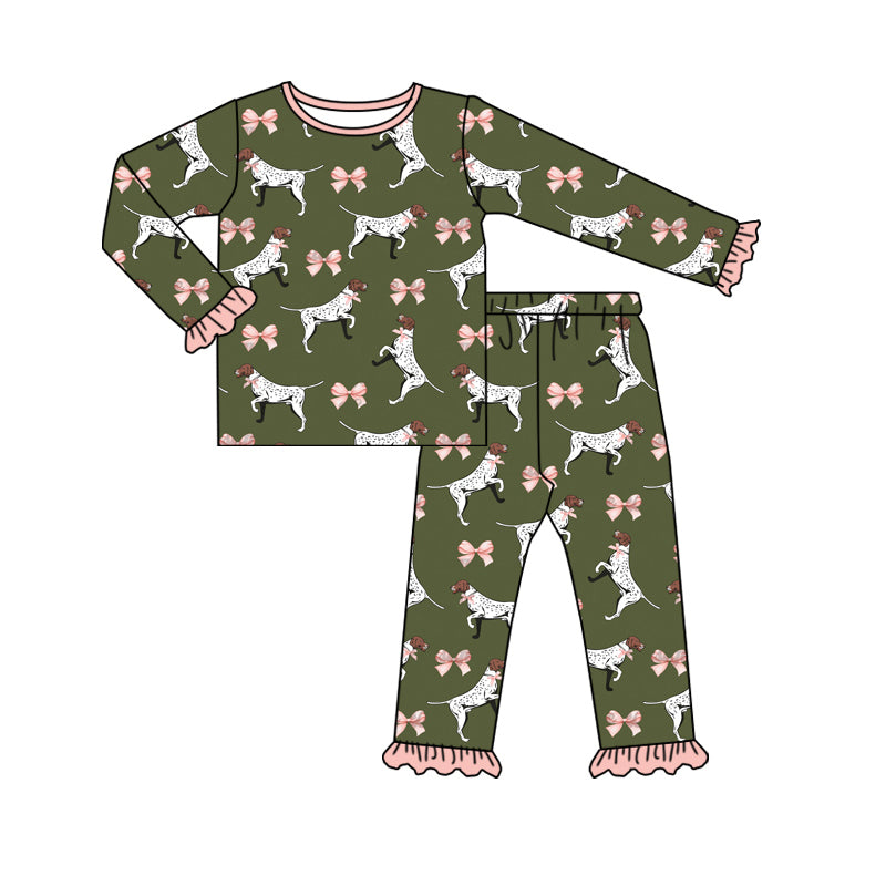 Baby Girls Green Dogs Bows Top Pants Pajamas Kids Clothing Sets preorder(MOQ 5)