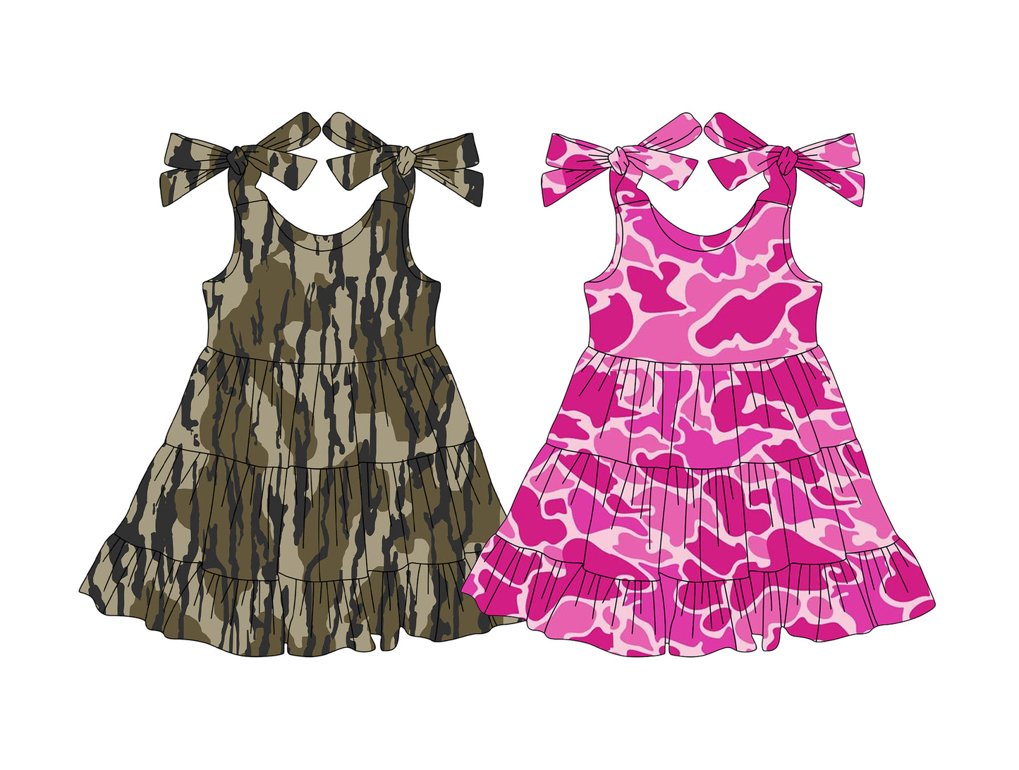 Preorder moq 5 Custom Baby Girls Bows Strap Camo Patchwork Knee Length Dresses