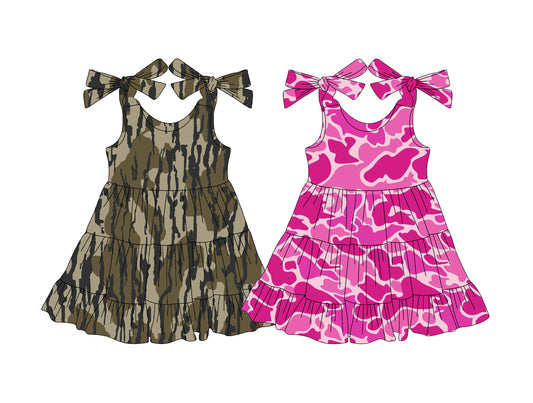 Preorder moq 5 Custom Baby Girls Bows Strap Camo Patchwork Knee Length Dresses