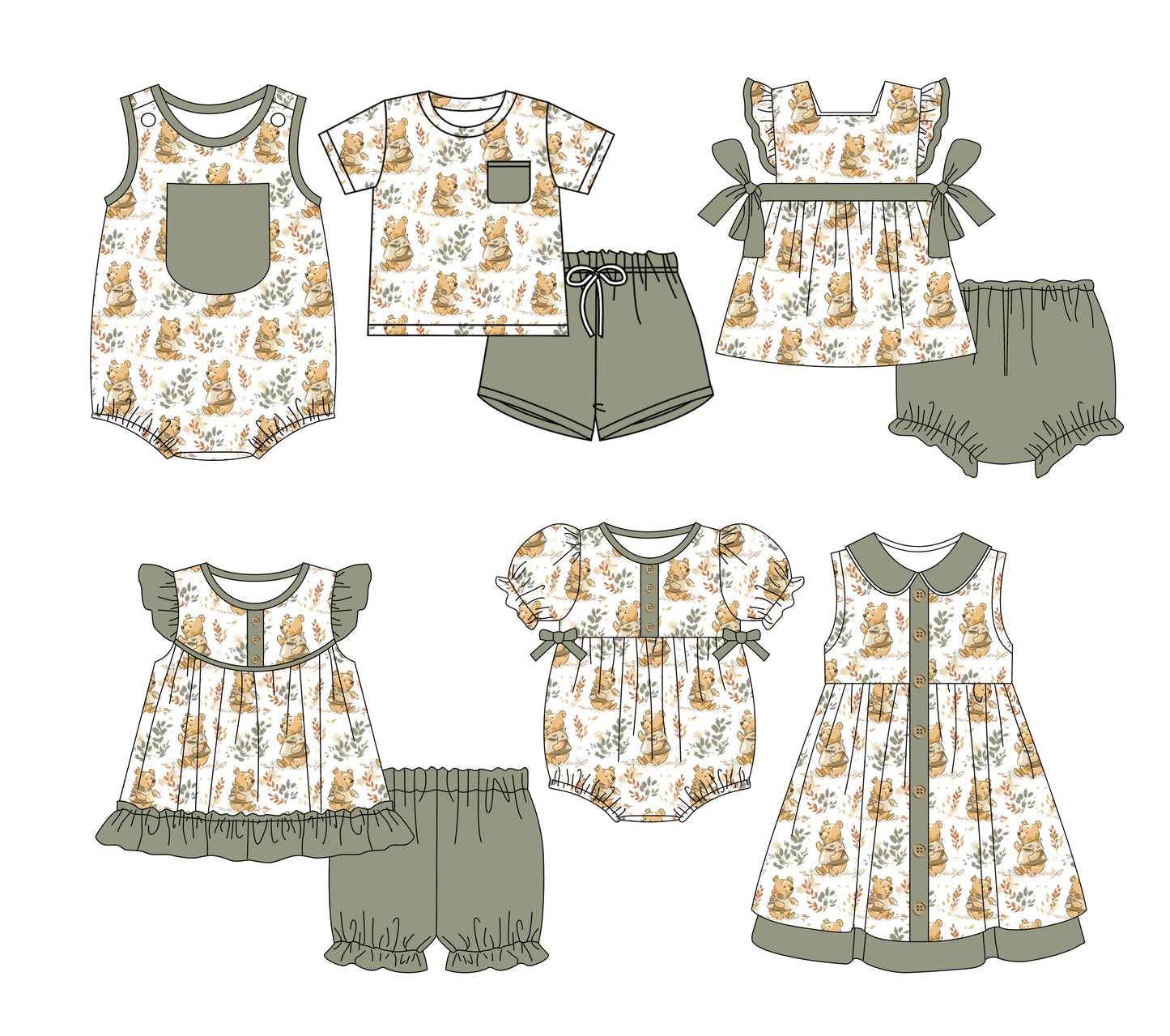 Preorder moq 5 Custom Baby Kids Olive Pocket Button Bears Floral Top Short Bummies Sets Dresses And Rompers