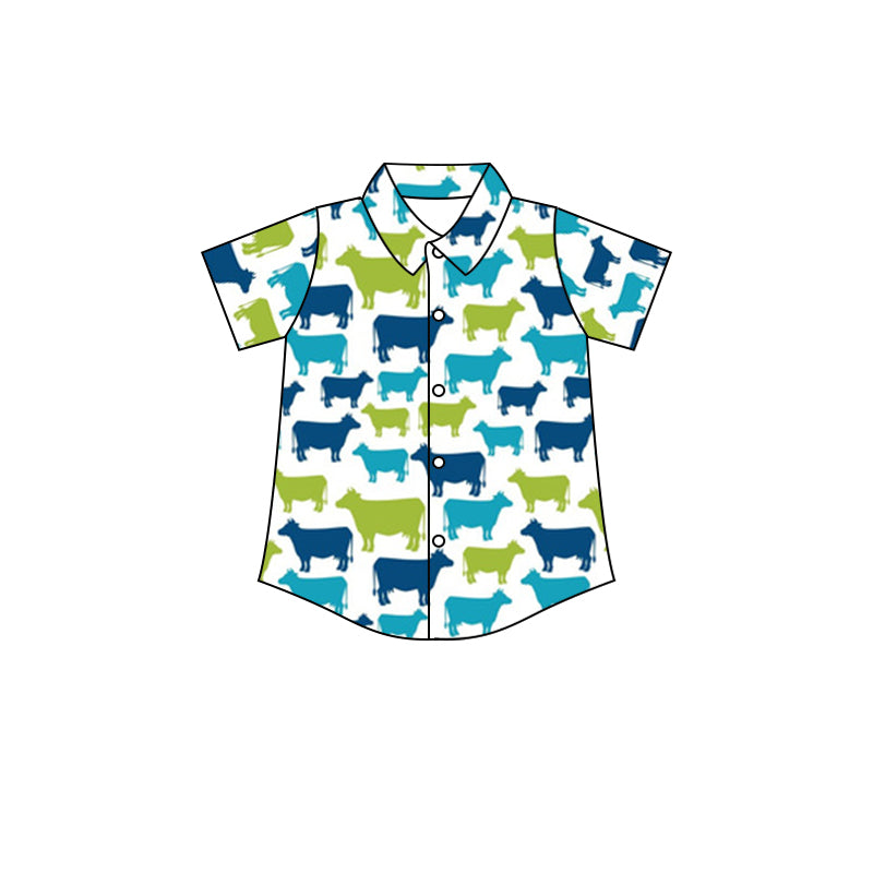 Baby Boys Blue Cows Short Sleeve Buttons Tee Shirts Tops Preorder(moq 5)