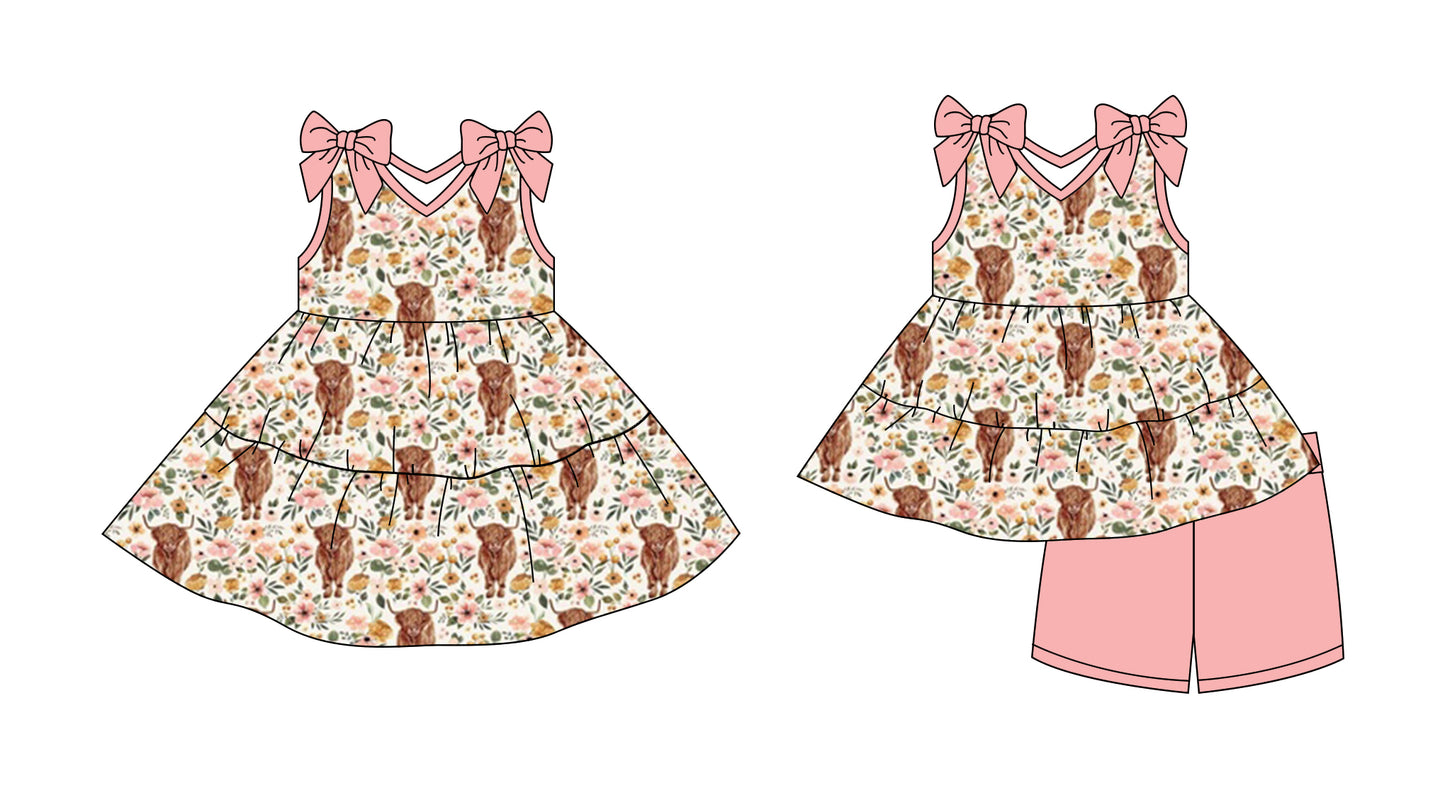 Preorder moq 5 Custom Baby Girls Pink Highland Cows Floral Tunic Short Set Knee Length Dresses