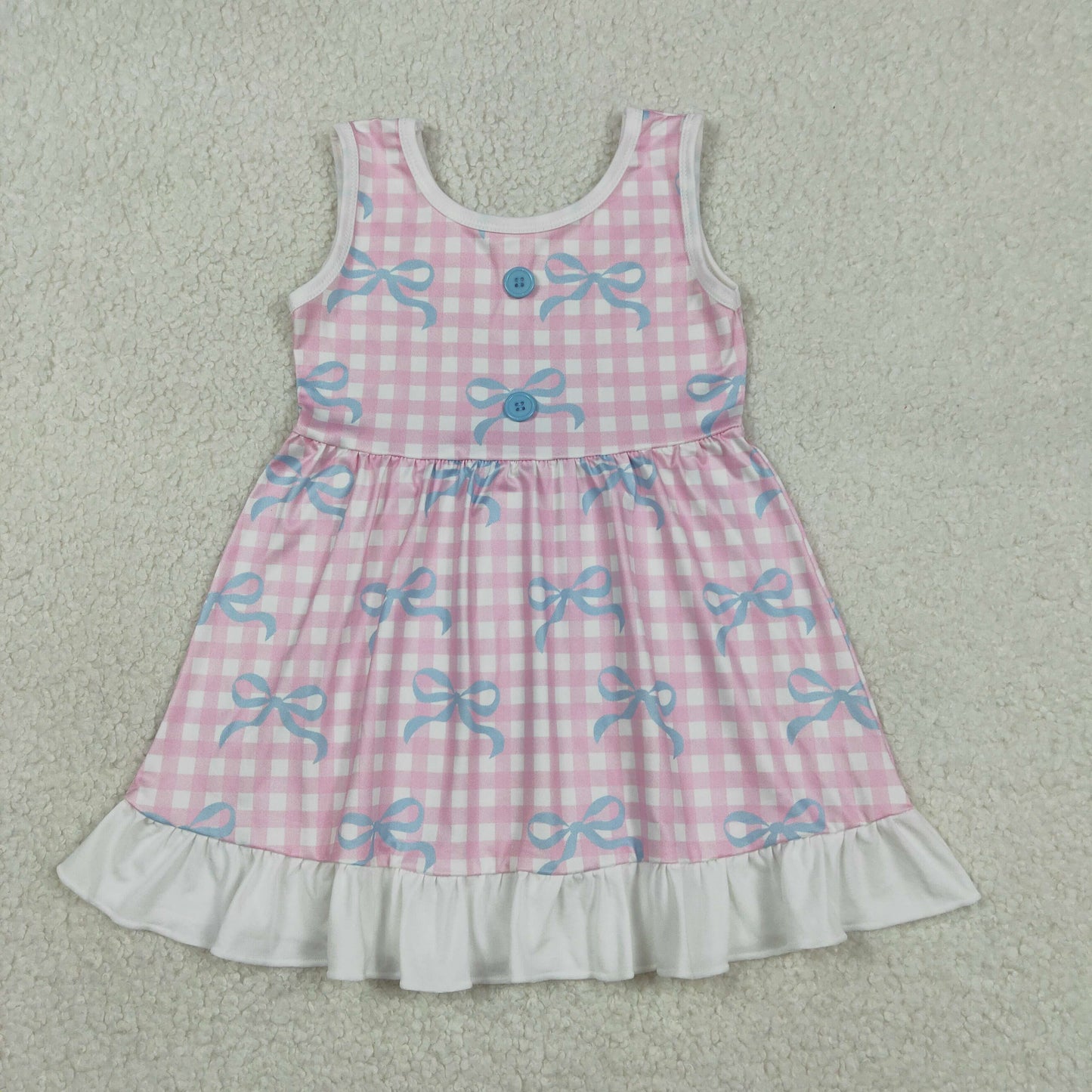 Baby Girls Bows Pink Checked Sleeveless Ruffle Knee Length Dresses