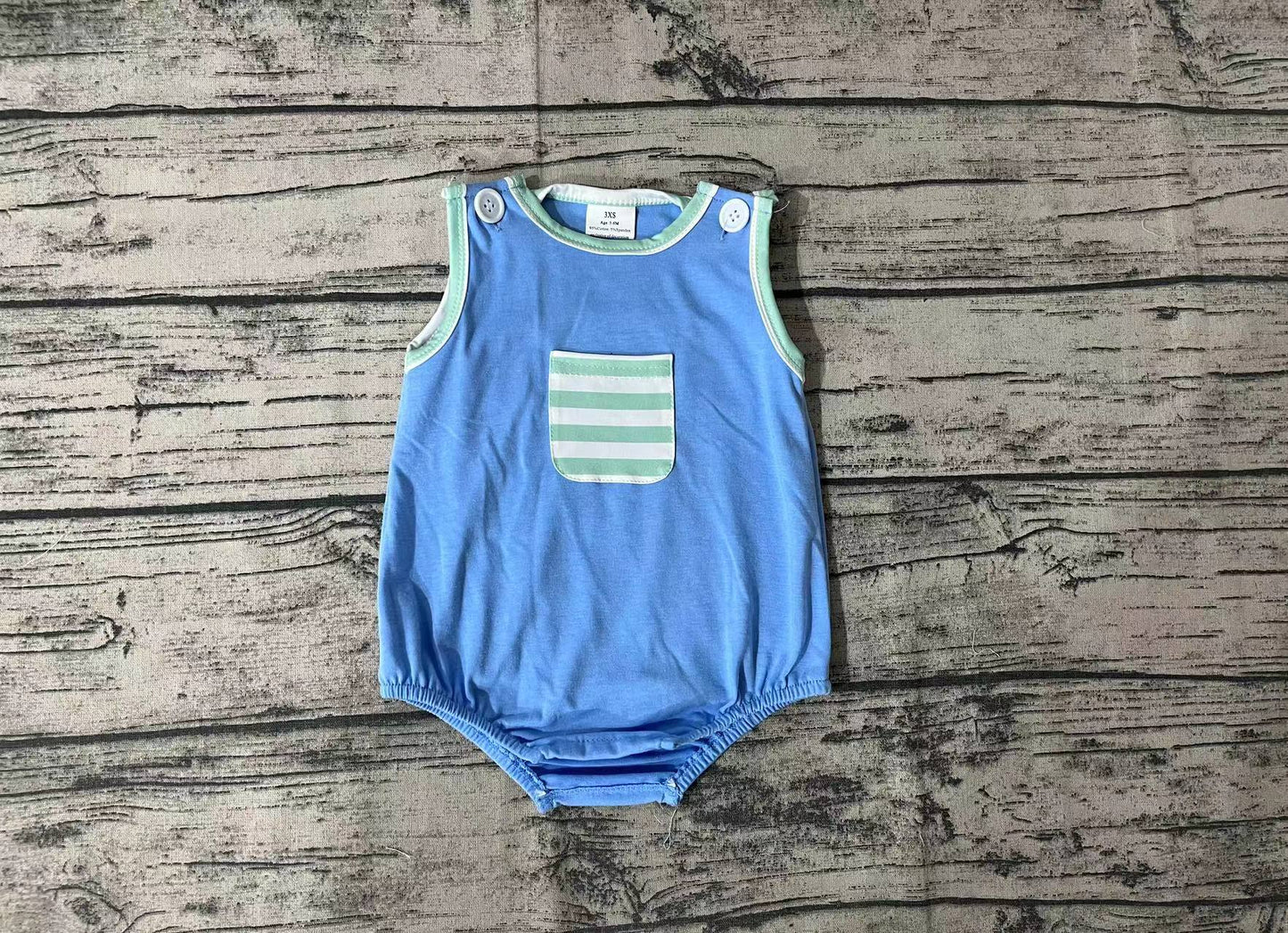Baby Infant Boys Blue Green Stripes Pocket Summer Sleeveless Rompers