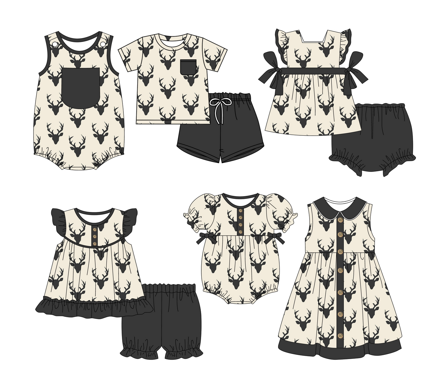 Preorder moq 5 Custom Baby Kids Black Pocket Button Deer Top Short Bummies Sets Dresses And Rompers
