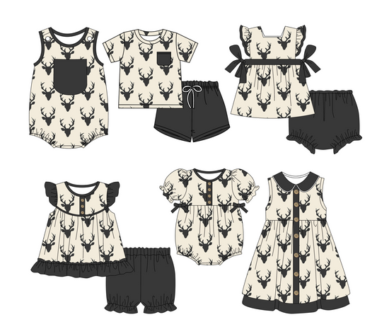 Preorder moq 5 Custom Baby Kids Black Pocket Button Deer Top Short Bummies Sets Dresses And Rompers
