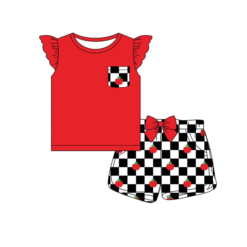 Preorder (moq 5)Baby Girls Red Tee Top Back To School Apples Shorts Clothes Sets