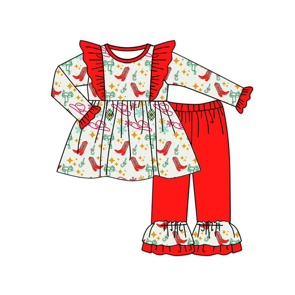 Baby Girls Red Boots Western Top Ruffle Pants Clothes Sets preorder(MOQ 5)