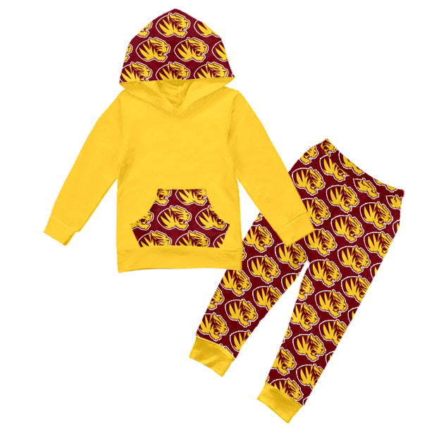 Preorder (moq 5)Baby Boys Yellow Pocket Hoodie Leopards Legging Pant Team Clothes Sets