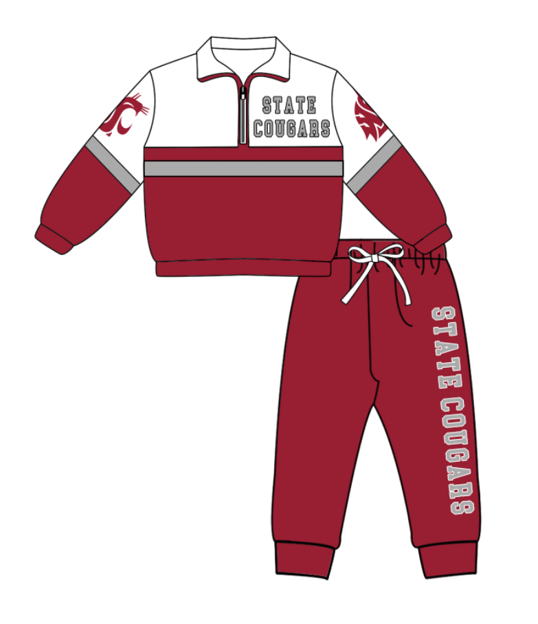 Preorder (moq 5)Baby Boys State Cougars Zipper Pullover Jogger Pants Team Clothes Set