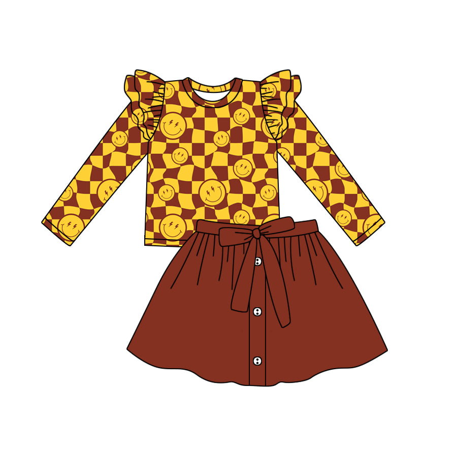 Baby Girls Smile Checkered Top Buttons Skirts Clothes Sets Preorder(moq 5)